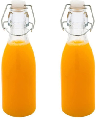 HENIJ 2 Pcs 250 ML Glass Round Bottle with Airtight Rubber Seal Flip Caps 250 ml Bottle(Pack of 2, Clear, Glass)