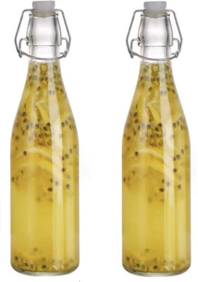 HENIJ 2 Pcs 500 ML Glass Round Bottle with Airtight Rubber Seal Flip Caps 500 ml Bottle(Pack of 2, Clear, Glass)