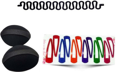 Sharum Crafts 2Pc Hair Volumizer1Pc French Choti Maker & 12 Multi Tic Tac Hair Accessory Set(Black)