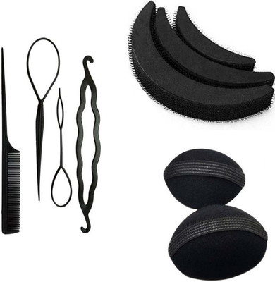 Sharum Crafts 2Pc Hair Volumizer3pc Puff Set & 4Pc Comb Set Hair Accessory Set(Black)