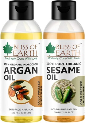 Bliss of Earth 100ML Organic Moroccan Argan Oil+100ML Sesame oil For Face, Hair & Skin Hair Oil(200 ml)