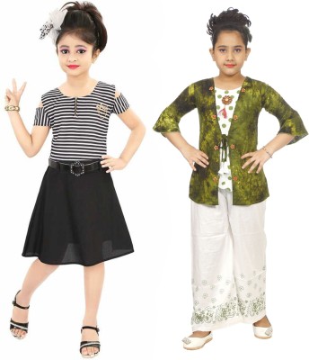 MEHZIN Girls Party(Festive) Dress Top, Skirt(Black & Green,White)