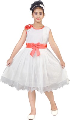 HOTTIE NOTTIE Indi Girls Below Knee Party Dress(White, Sleeveless)