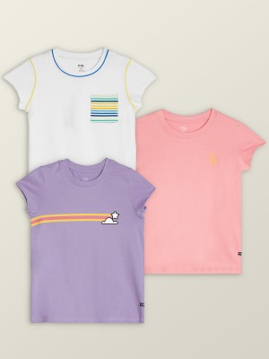 XY Life Girls Striped Pure Cotton T Shirt(Multicolor, Pack of 3)