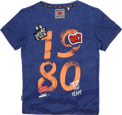 GINI & JONY Boys Typography, Printed Cotton Blend Regular T Shirt(Blue, Pack of 1)