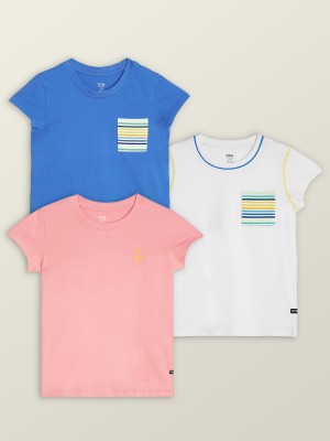 XY Life Girls Striped Pure Cotton T Shirt(Multicolor, Pack of 3)