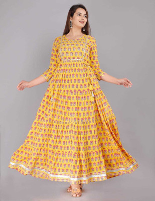 Aman Creation Women Printed Anarkali Kurta(Yellow)