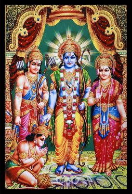 IVOKE Shri Ram Darbar / Ram sita with Laxman and Hanuman Ji Wall Decor Painting Digital Reprint 18 inch x 12 inch Painting(With Frame)