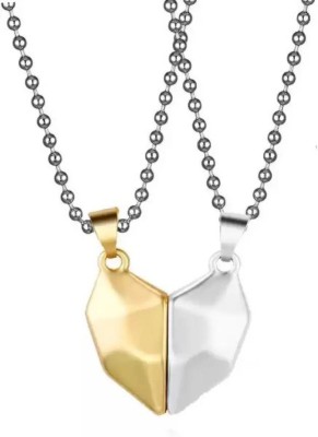 Jagsun Heart Shape Broken His & Her Stylish Couple Silver And Gold Dual Pendant Rhodium Stainless Steel Locket Set