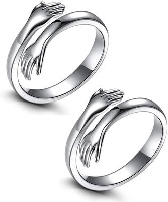 Stylewell (Set Of 2 Pcs) Silver Love Forever Valentine's Day Hand Hug Me Thumb Finger Ring Metal Silver Plated Ring