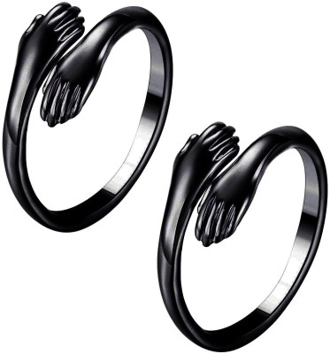 Stylewell (Set Of 2 Pcs) Black Love Forever Valentine's Day Hand Hug Me Thumb Finger Ring Metal Ring Set
