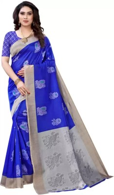 Grubstaker Printed Assam Silk Art Silk Saree(Blue)