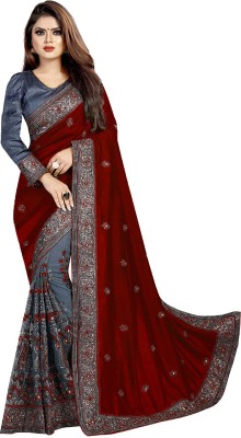 VISENA FAB Embroidered Bollywood Net Saree(Maroon, Grey)