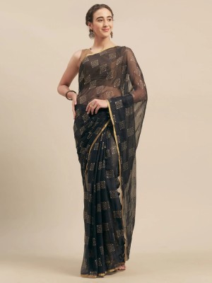 V And V Shop Printed Bollywood Chiffon Saree(Black)