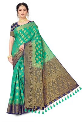 sarify creation Woven Banarasi Cotton Silk Saree(Green, Blue)