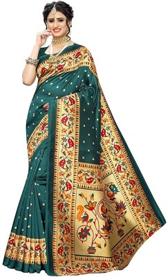 Grubstaker Printed Assam Silk Art Silk Saree(Green)