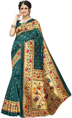 Grubstaker Printed Assam Silk Art Silk Saree(Green)