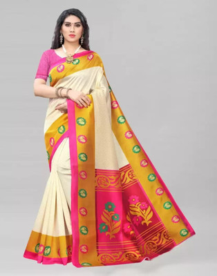 Grubstaker Printed Assam Silk Art Silk Saree(White)