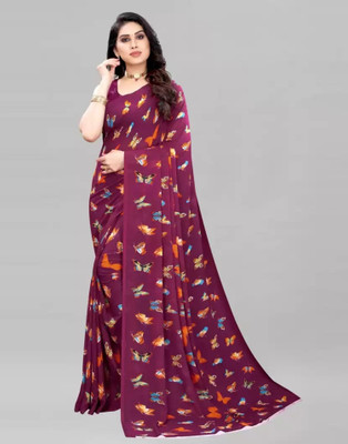 Grubstaker Printed Bollywood Georgette Saree(Maroon)