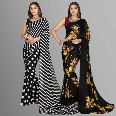 Anand Sarees Printed, Paisley, Ombre, Striped, Geometric Print, Animal Print, Floral Print, Checkered Daily Wear Georgette Saree(Pack of 2, Black)