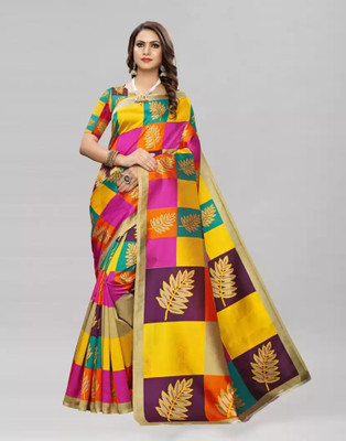 Grubstaker Printed Assam Silk Art Silk Saree(Multicolor)