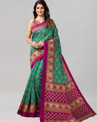 Grubstaker Printed Assam Silk Art Silk Saree(Green)