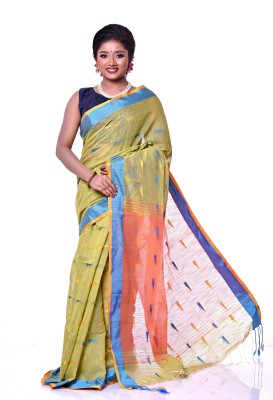 RRBB Self Design Handloom Pure Cotton Saree(Green, Yellow)