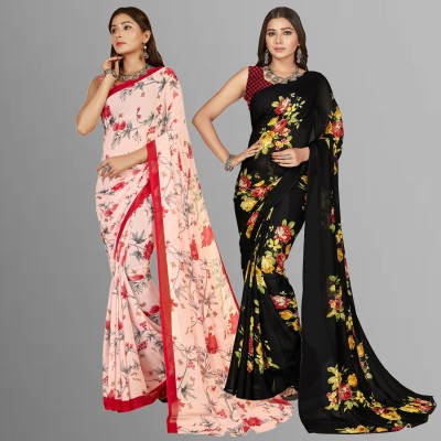 Anand Sarees Printed, Paisley, Ombre, Striped, Geometric Print, Animal Print, Floral Print, Checkered Daily Wear Georgette Saree(Pack of 2, Pink)