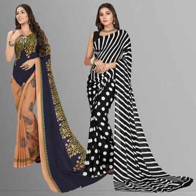Anand Sarees Printed Daily Wear Georgette Saree(Pack of 2, Multicolor, Blue, Beige)