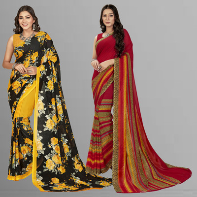 Anand Sarees Printed Daily Wear Georgette Saree(Pack of 2, Black, Yellow)