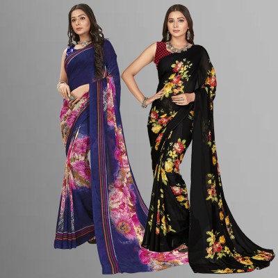Anand Sarees Printed, Paisley, Ombre, Striped, Geometric Print, Animal Print, Floral Print, Checkered Daily Wear Georgette Saree(Pack of 2, Blue, Pink)