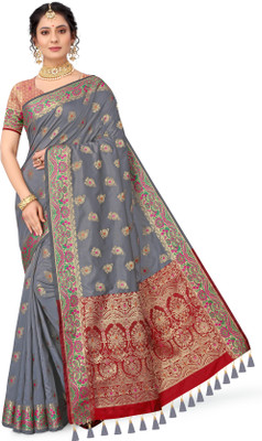 sarify creation Floral Print Banarasi Silk Blend Saree(Grey)