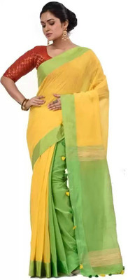 bongstyle Self Design, Striped, Solid/Plain Handloom Cotton Jute, Pure Cotton Saree(Yellow)