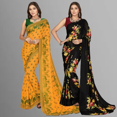 Anand Sarees Printed, Paisley, Ombre, Striped, Geometric Print, Animal Print, Floral Print, Checkered Daily Wear Georgette Saree(Pack of 2, Green, Yellow)