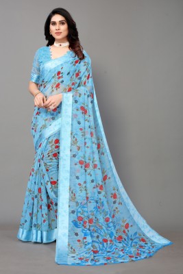 FABMORA Printed, Floral Print Bhagalpuri Cotton Blend Saree(Light Blue)