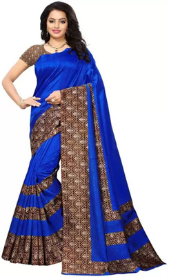 Grubstaker Printed Assam Silk Art Silk Saree(Blue)