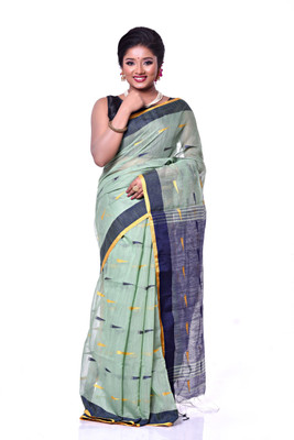 ASR Self Design Tant Cotton Silk Saree(Green, Blue)