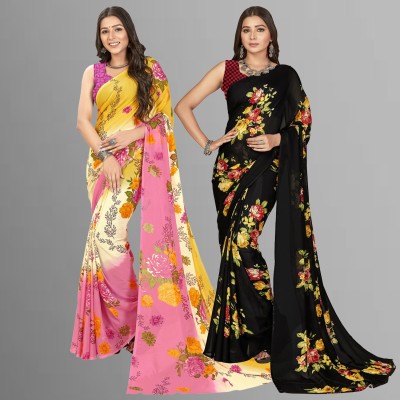 Anand Sarees Printed, Paisley, Ombre, Striped, Geometric Print, Animal Print, Floral Print, Checkered Daily Wear Georgette Saree(Pack of 2, Pink)
