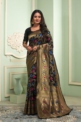 Lilots Self Design Banarasi Silk Blend Saree(Black)