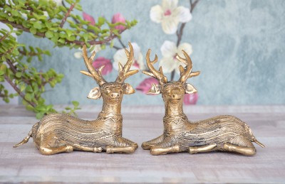 SHILPOGRAM Dhokra Brass Metal Handcrafted Deer (Set of 2, 900 gm) for Desk Decor Decorative Showpiece  -  14 cm(Brass, Gold)