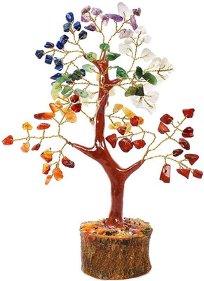 Swara Agate 7 Chakra Stone Tree Natural Healing Crystal Tree Wooden Base with Golden Wire Decorative Showpiece  -  15 cm(Crystal, Multicolor)