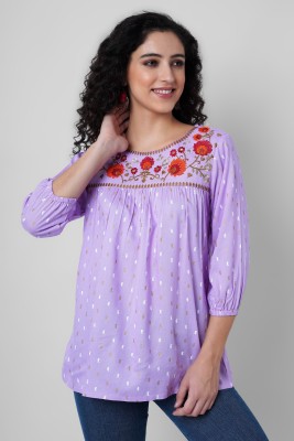 Purvija Kurties Casual Embroidered Women Purple Top