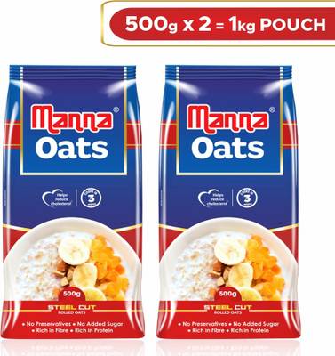 Manna Oats-1kg | Steel Cut Rolled Oats | High in Fibre & Protein | 100% Natural Pouch