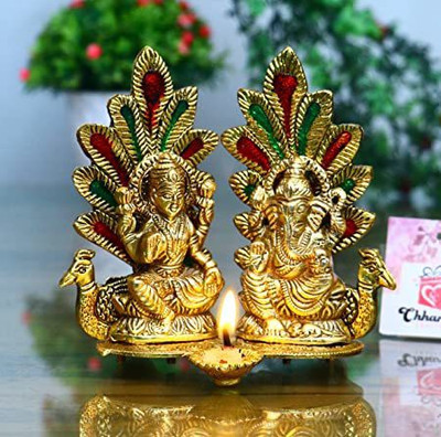 KRIWIN Laxmi Ganesh with Peacock Diya Deepak Brass Table Diya(Height: 2 inch)