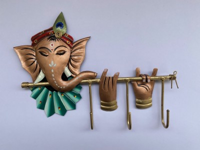 RS Hand Painted Metal Ganesha Wall Hanging with Key Hanger Iron Key Holder(3 Hooks, Multicolor)