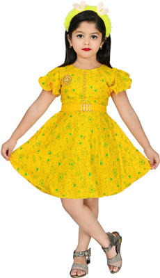 maisie Indi Girls Midi/Knee Length Party Dress(Yellow, Cap Sleeve)