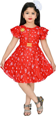 maisie Indi Girls Midi/Knee Length Party Dress(Red, Cap Sleeve)