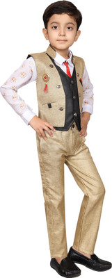 world wise wear Boys Festive & Party Shirt, Waistcoat and Pant Set(Gold Pack of 1)