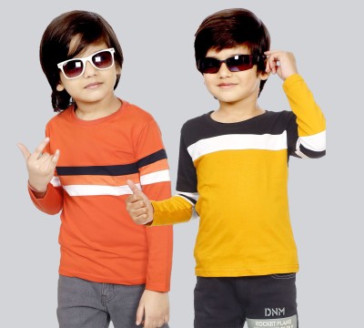 Mojua Boys Striped Cotton Blend T Shirt(Yellow, Pack of 2)