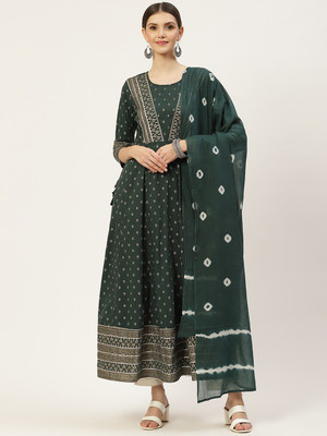 Hisham Women Printed Flared Kurta(Green)